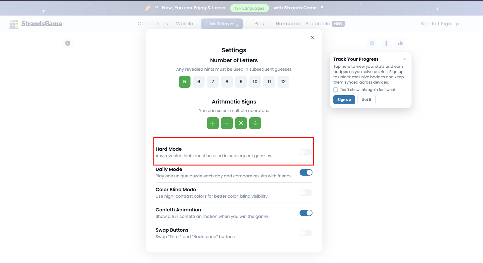 Numberle Mode Settings