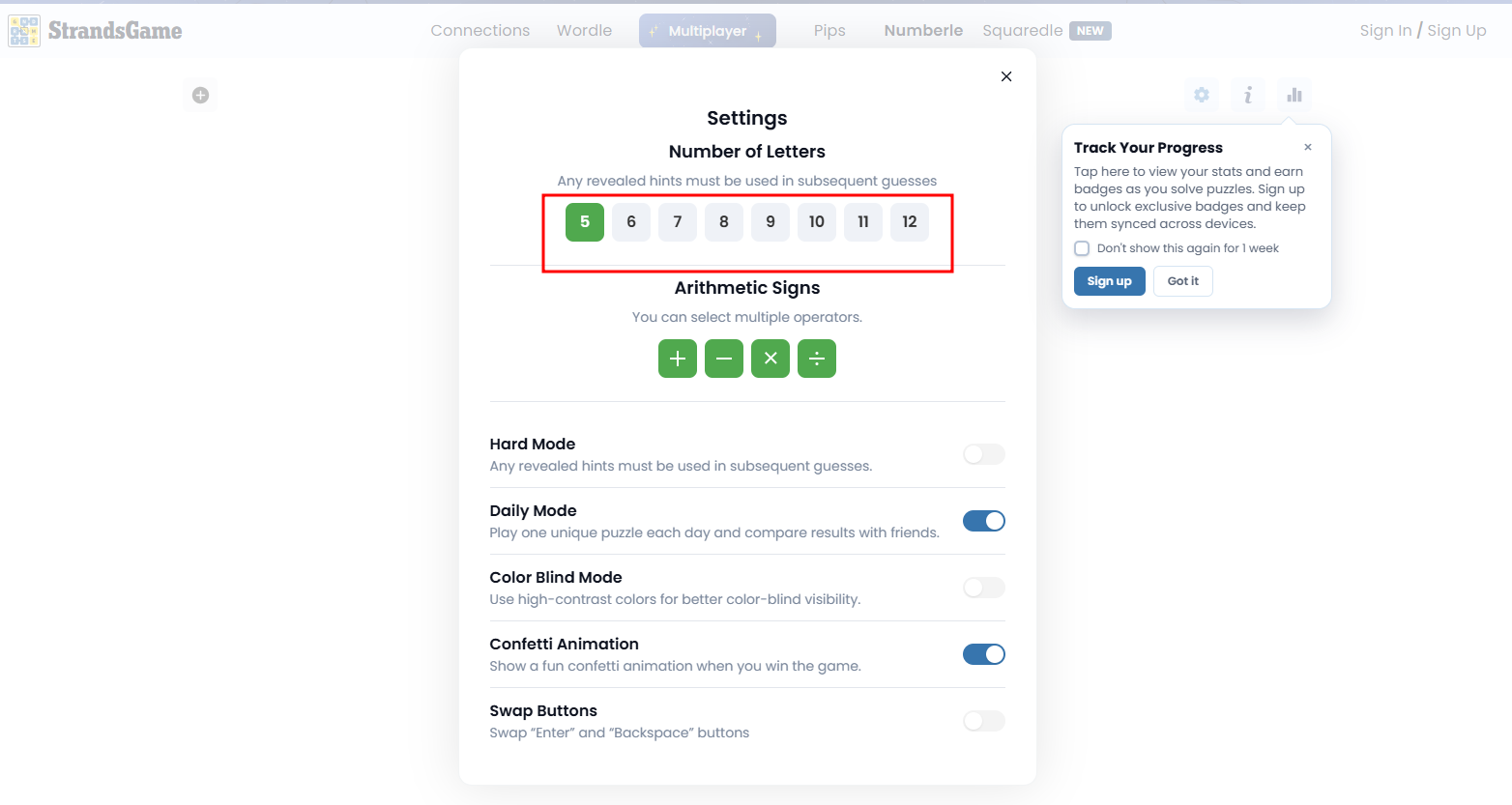 Numberle Number Settings